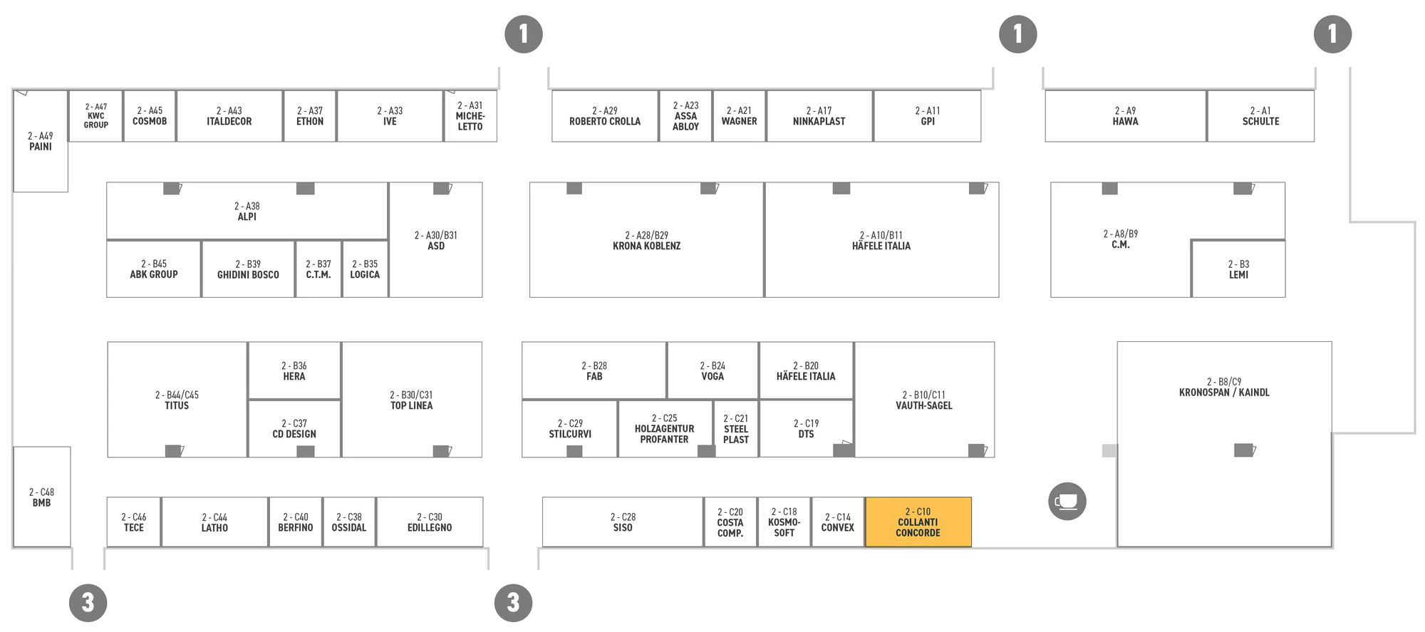 Planimetria del padiglione 2 di SICAM 2026: lo stand C10 di Collanti Concorde è evidenziato in giallo nella fila C, in basso a destra.